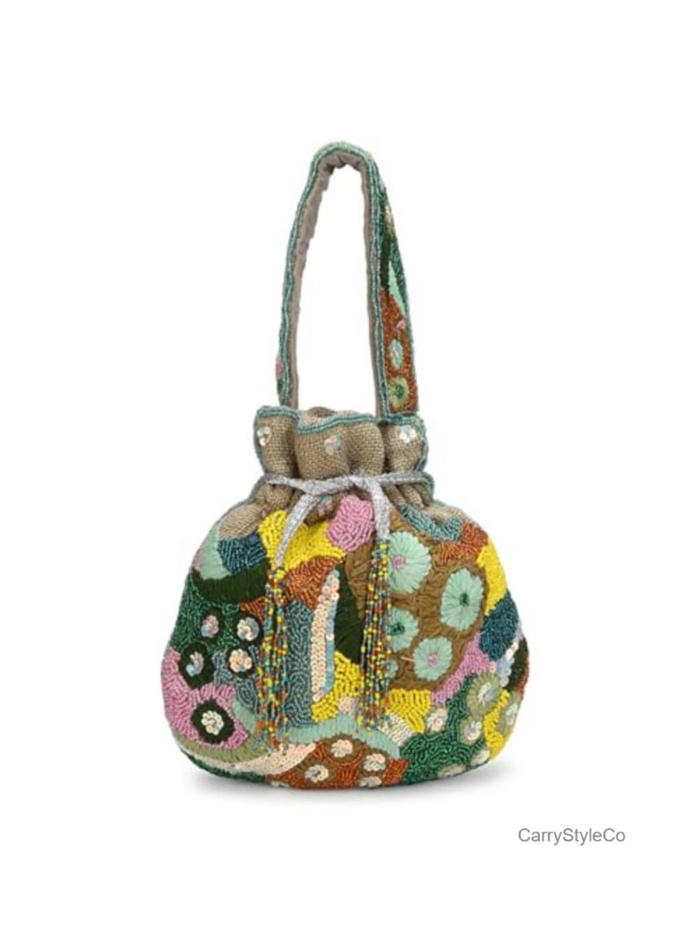 Beaded Floral Embroidered Jute Potli Bag Drawstring Evening Handbag 9x9.5